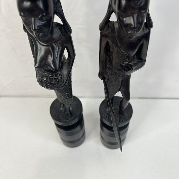 Pair of Vintage African Hand Carved Iron Wood Figural Sculptures Candle Sticks - Picture 7 of 15